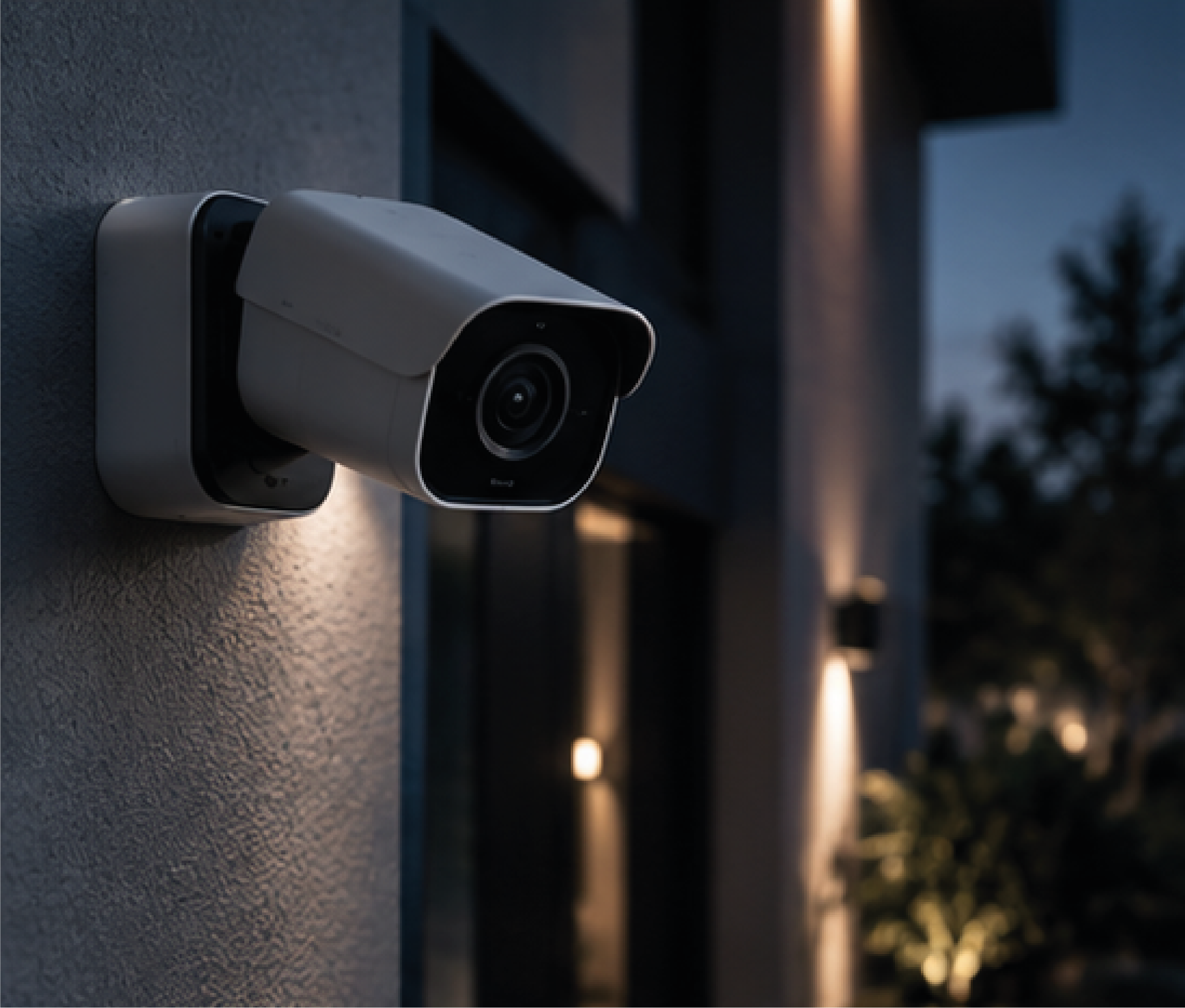 Security camera installed on an exterior wall